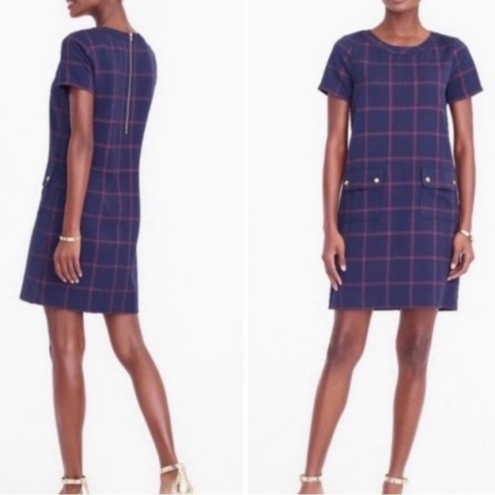 J Crew plaid straight relaxed plaid snap pocket zip up shift dress